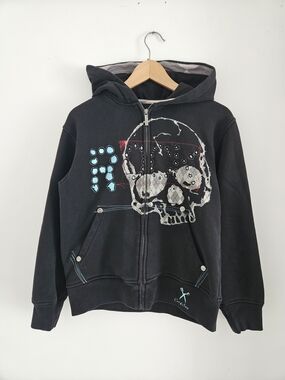 Marc Ecko Cut & Sew Skull Zip Hoodie Mens Small Black Graphic Streetwear Y2K